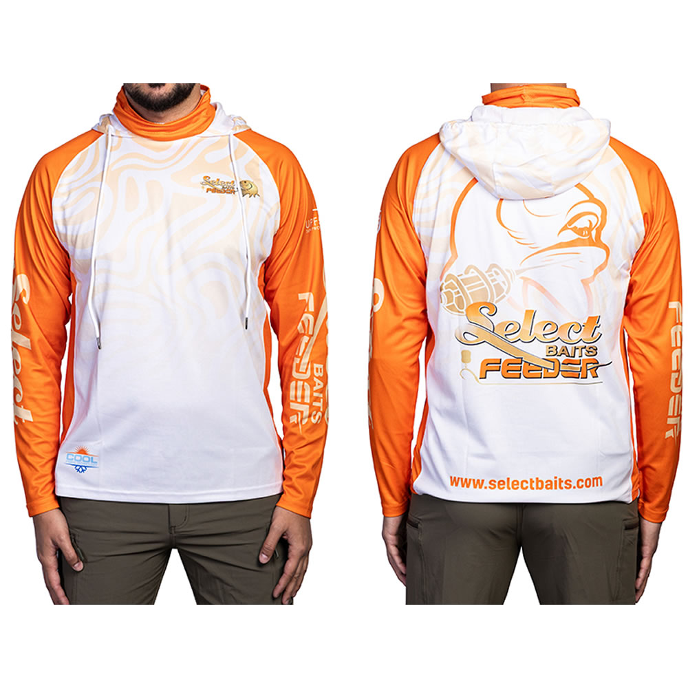 Bluza UV SELECT BAITS Feeder Long Sleeve Hoodie UPF 50+, White and Orange