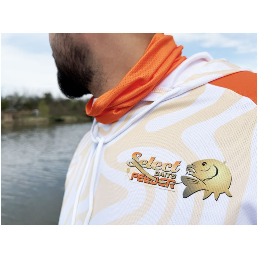 Bluza UV SELECT BAITS Feeder Long Sleeve Hoodie UPF 50+, White and Orange