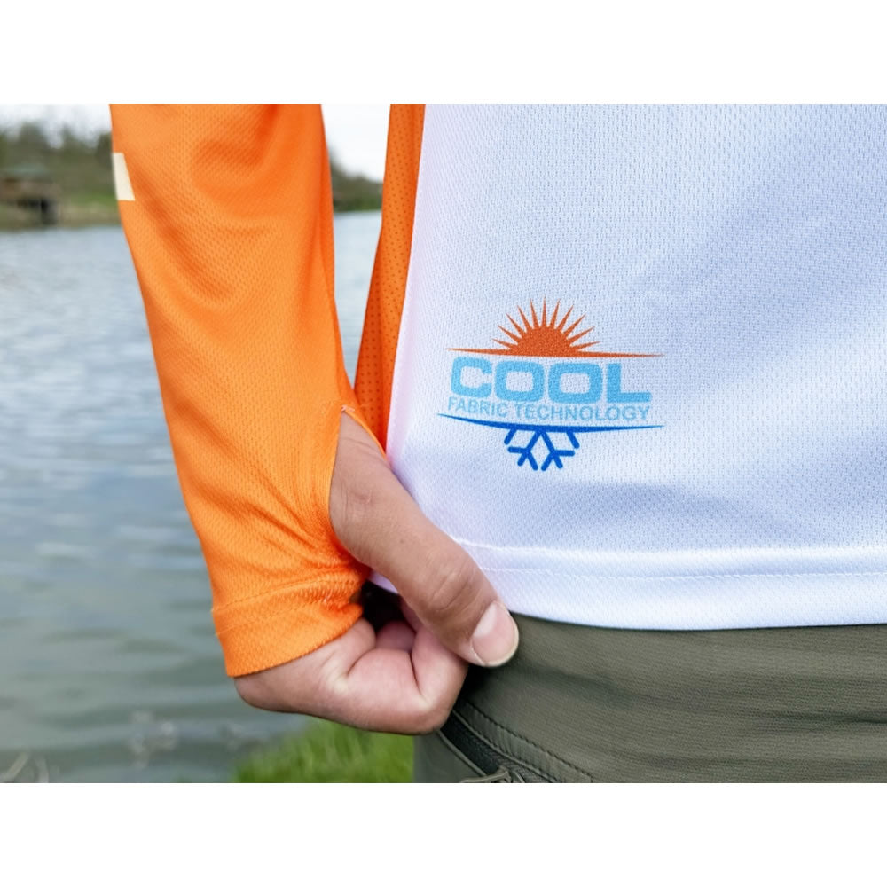 Bluza UV SELECT BAITS Feeder Long Sleeve Hoodie UPF 50+, White and Orange