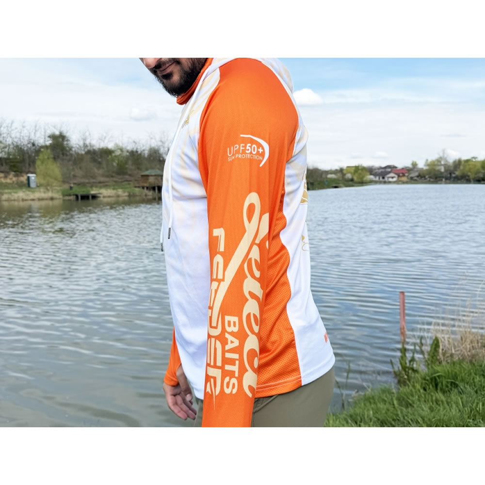 Bluza UV SELECT BAITS Feeder Long Sleeve Hoodie UPF 50+, White and Orange
