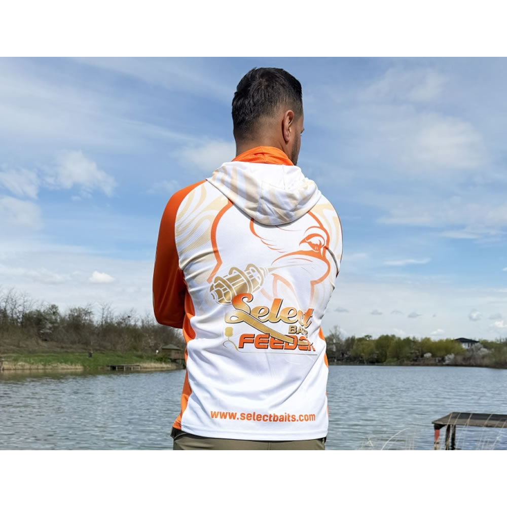 Bluza UV SELECT BAITS Feeder Long Sleeve Hoodie UPF 50+, White and Orange