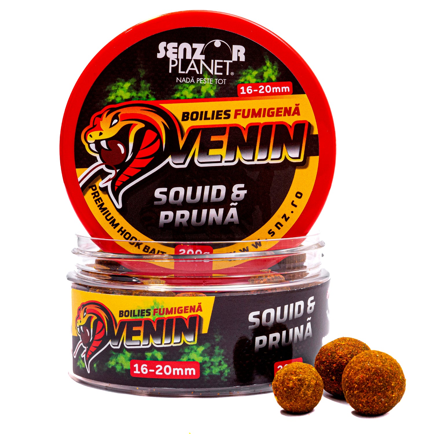 Boilies Carlig SENZOR Venin Fumigena, Squid si Pruna, 16-20mm, 200g