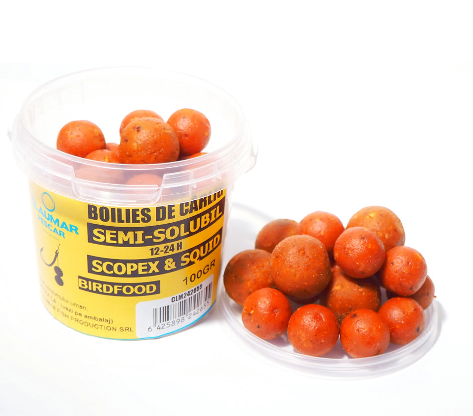 Boilies Claumar Birdfood De Carlig Semi-Solubil Scopex And Squid 100gr