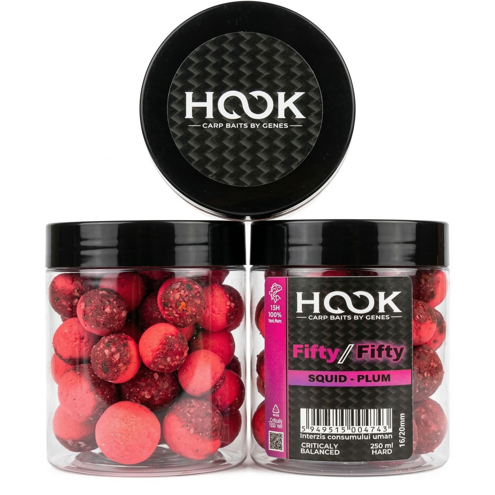 Boilies Critic Echilibrat HOOKBAITS Fifty-Fifty, Squid&amp;Plum, 16/20mm, 250ml