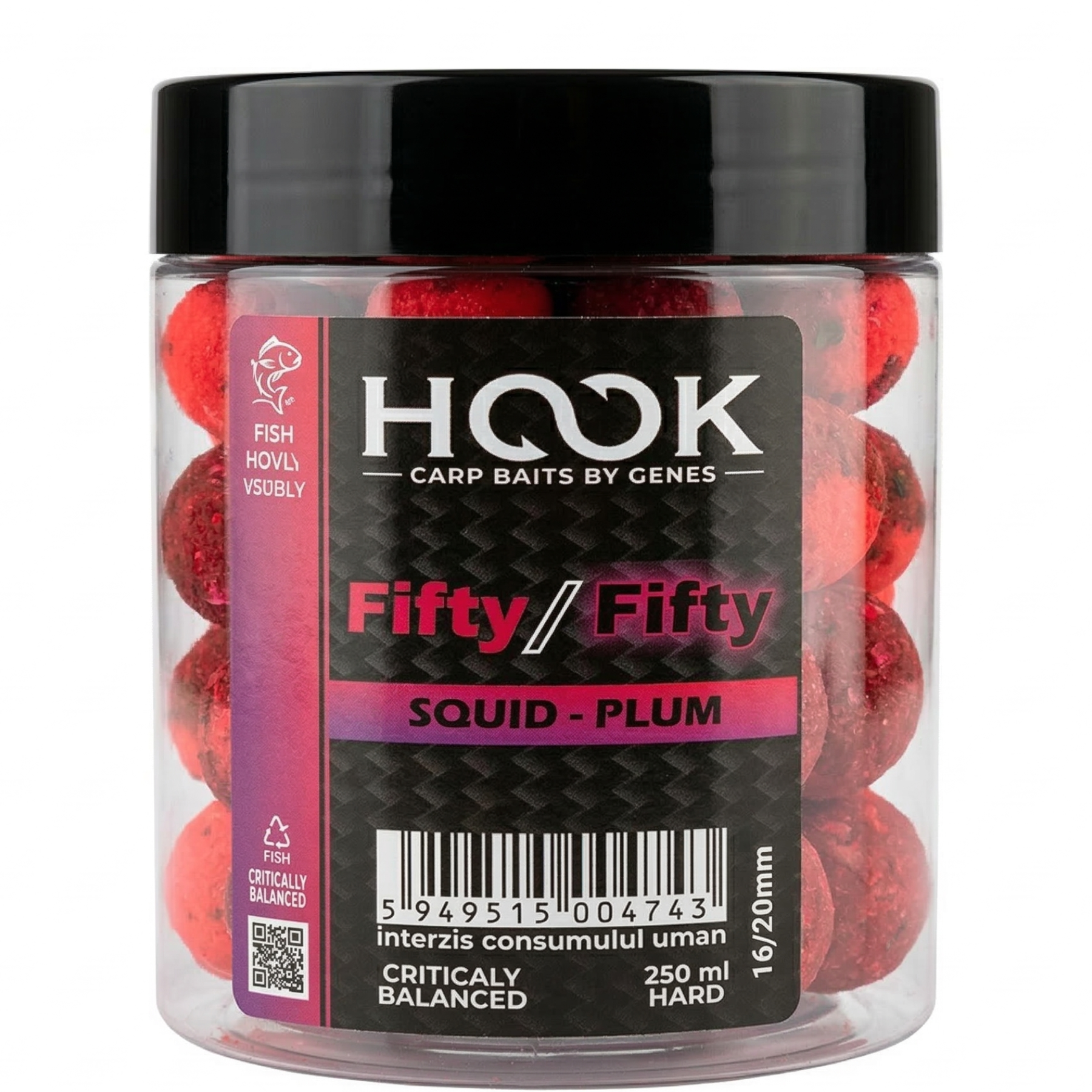 Boilies Critic Echilibrat HOOKBAITS Fifty-Fifty, Squid&amp;Plum, 16/20mm, 250ml
