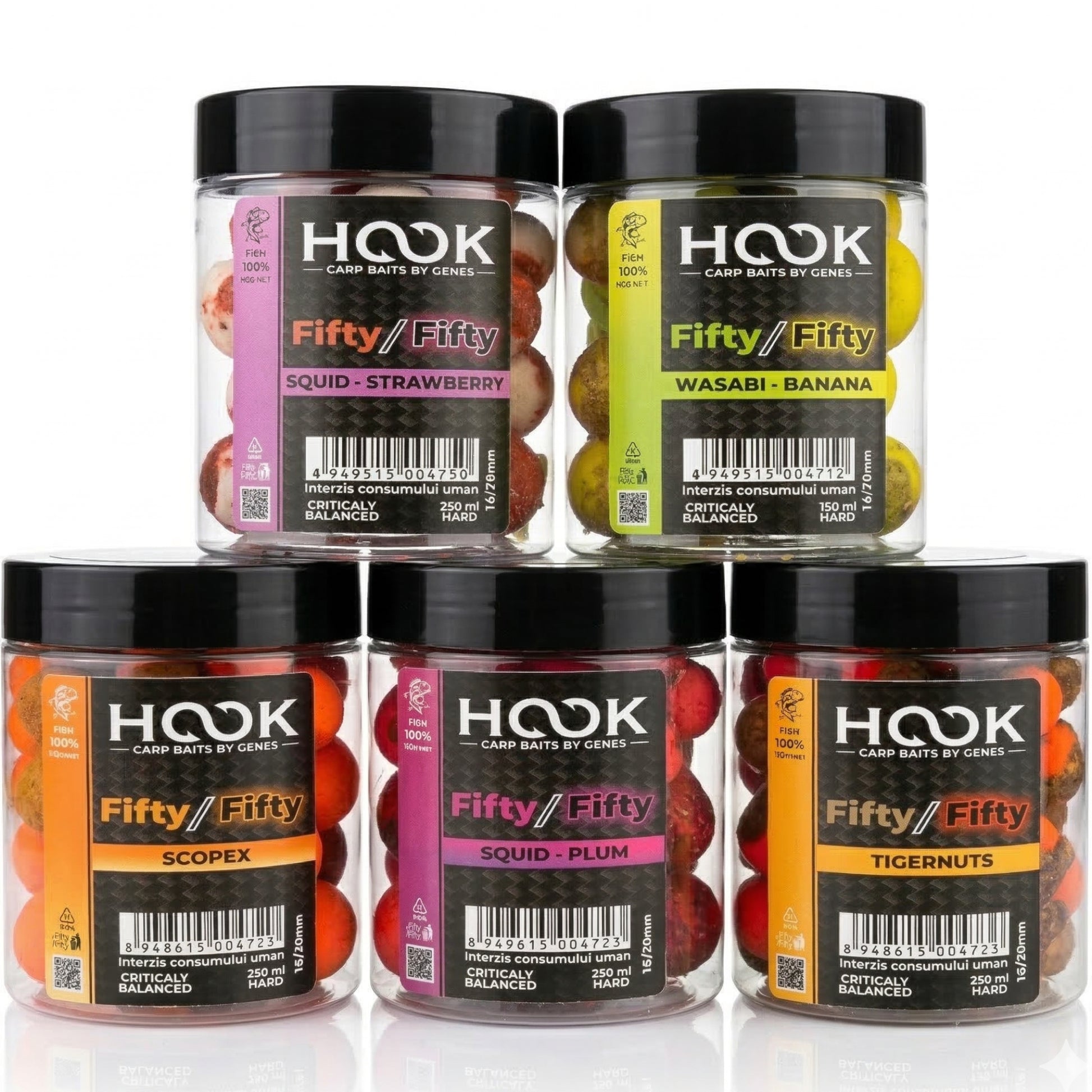 Boilies Critic Echilibrat HOOKBAITS Fifty-Fifty, Squid&amp;Plum, 16/20mm, 250ml