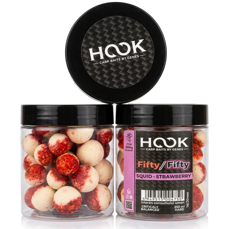 Boilies Critic Echilibrat HOOKBAITS Fifty-Fifty, Squid&amp;Strawberry, 16/20mm, 250ml