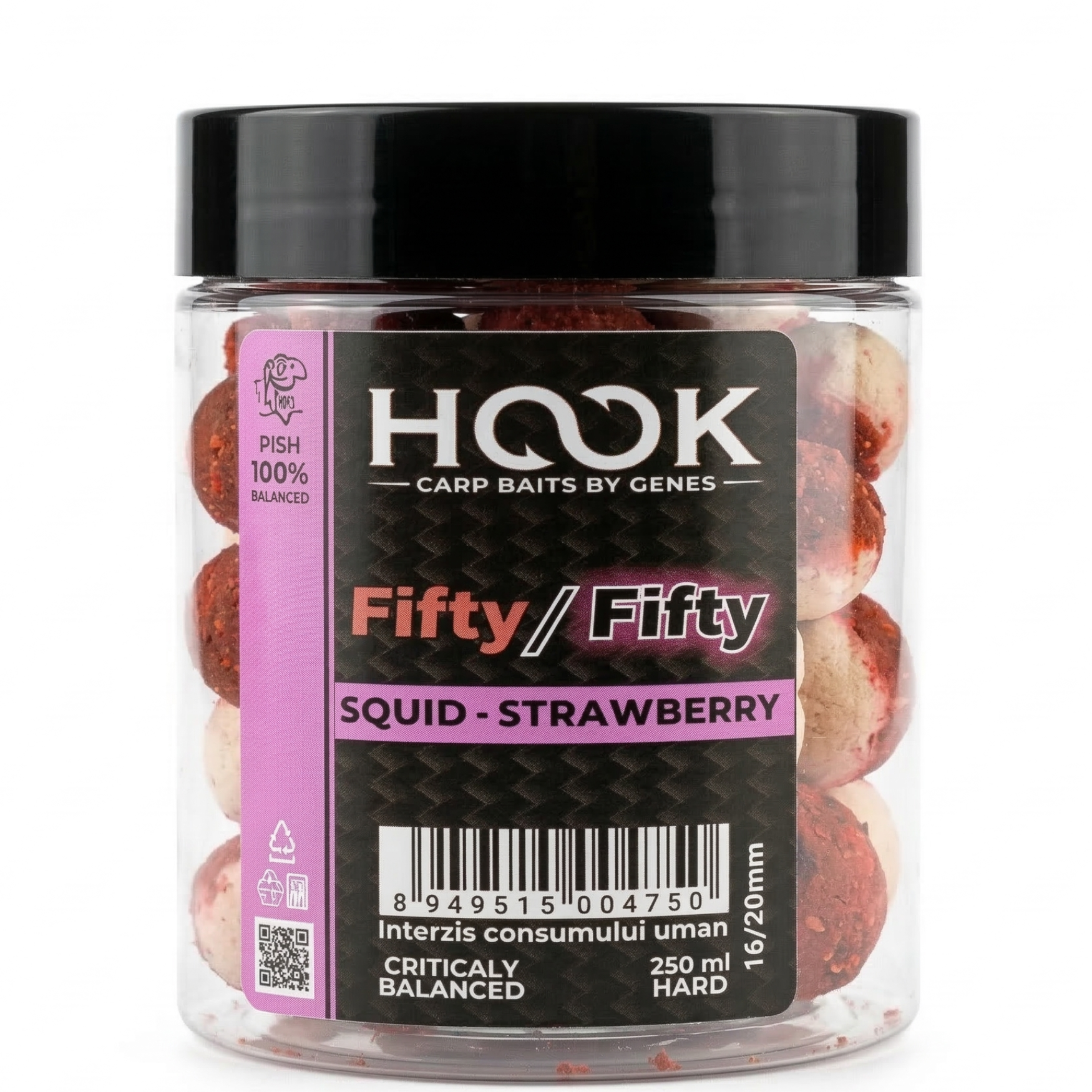 Boilies Critic Echilibrat HOOKBAITS Fifty-Fifty, Squid&amp;Strawberry, 16/20mm, 250ml