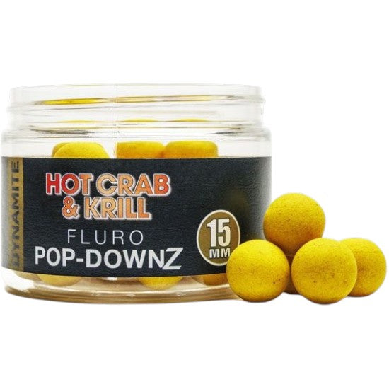 Boilies DYNAMITE Hot Crab &amp; Krill Pop-DownZ, 15mm, 80g