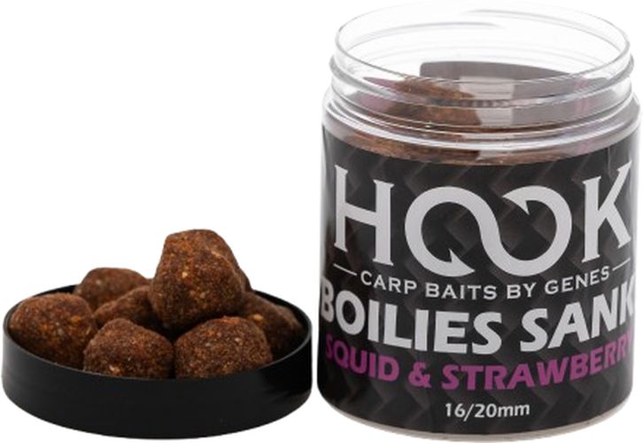 Boilies De Carlig HOOKBAITS Glazurat Sanky, Squid Strawberry, 16-20mm, 250ml