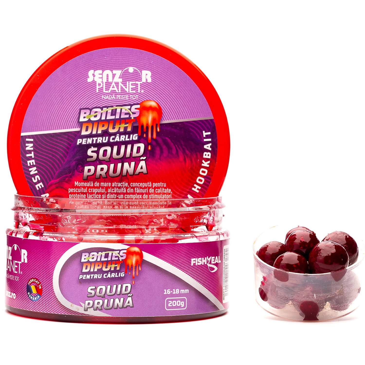 Boilies Senzor Dipuit pentru Carlig, Squid &amp; Pruna, 16-18mm, 200g