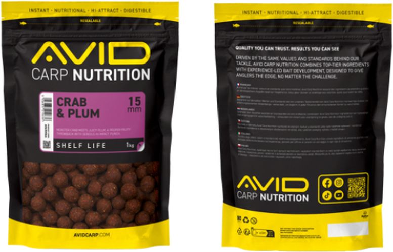 Boilies Tare AVID Carp Nutrition, Crab &amp; Plum, 15mm, 1kg
