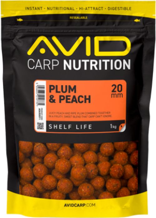 Boilies Tare AVID Carp Nutrition, Plum &amp; Peach, 20mm, 1kg