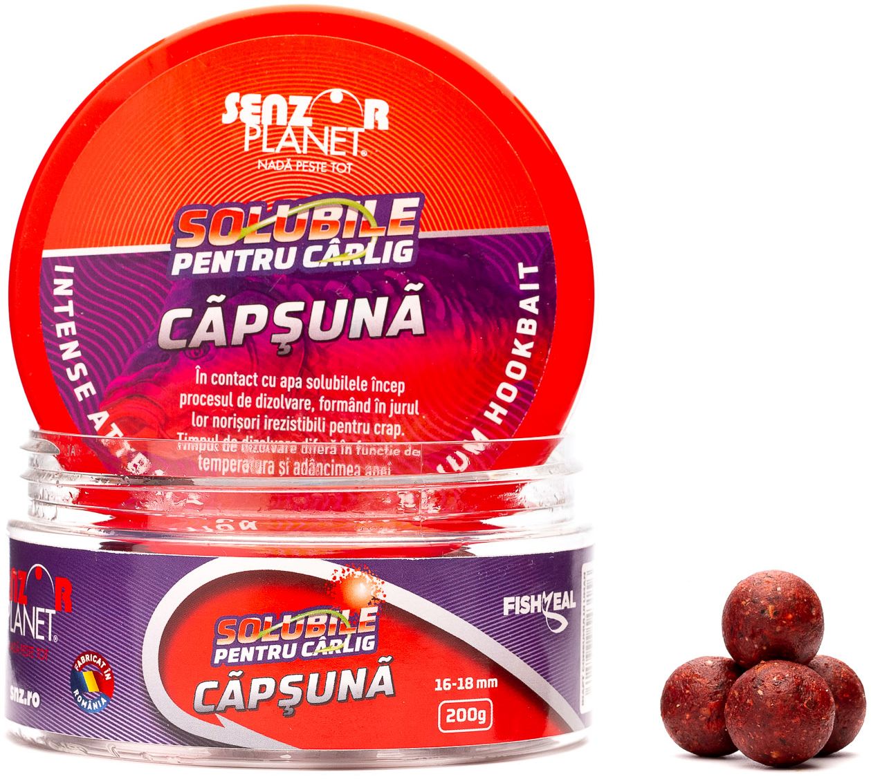 Boilies pentru Carlig Senzor Planet, Solubile, Capsuna, 16-18mm, 200g