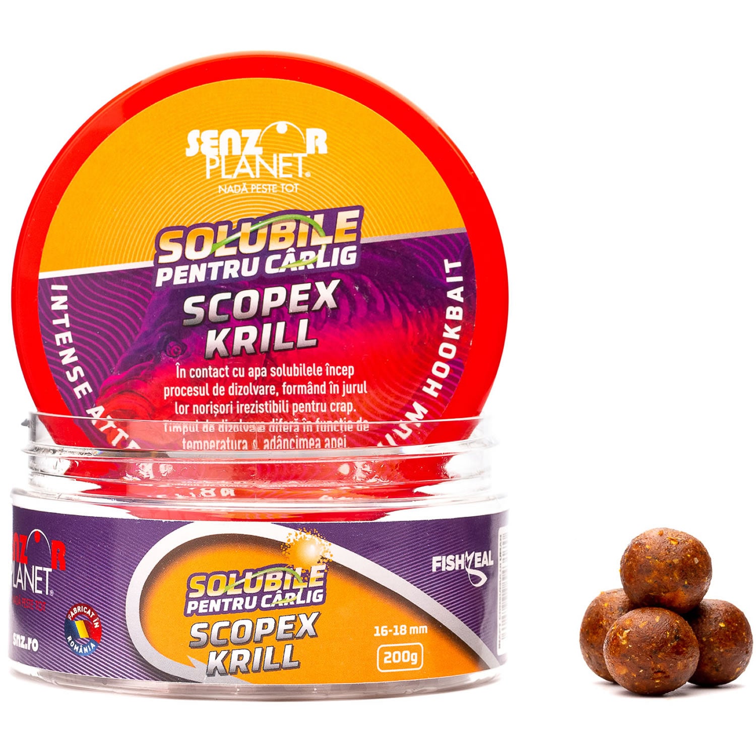 Boilies pentru Carlig Senzor Planet, Solubile, Scopex &amp; Krill, 16-18mm, 200g