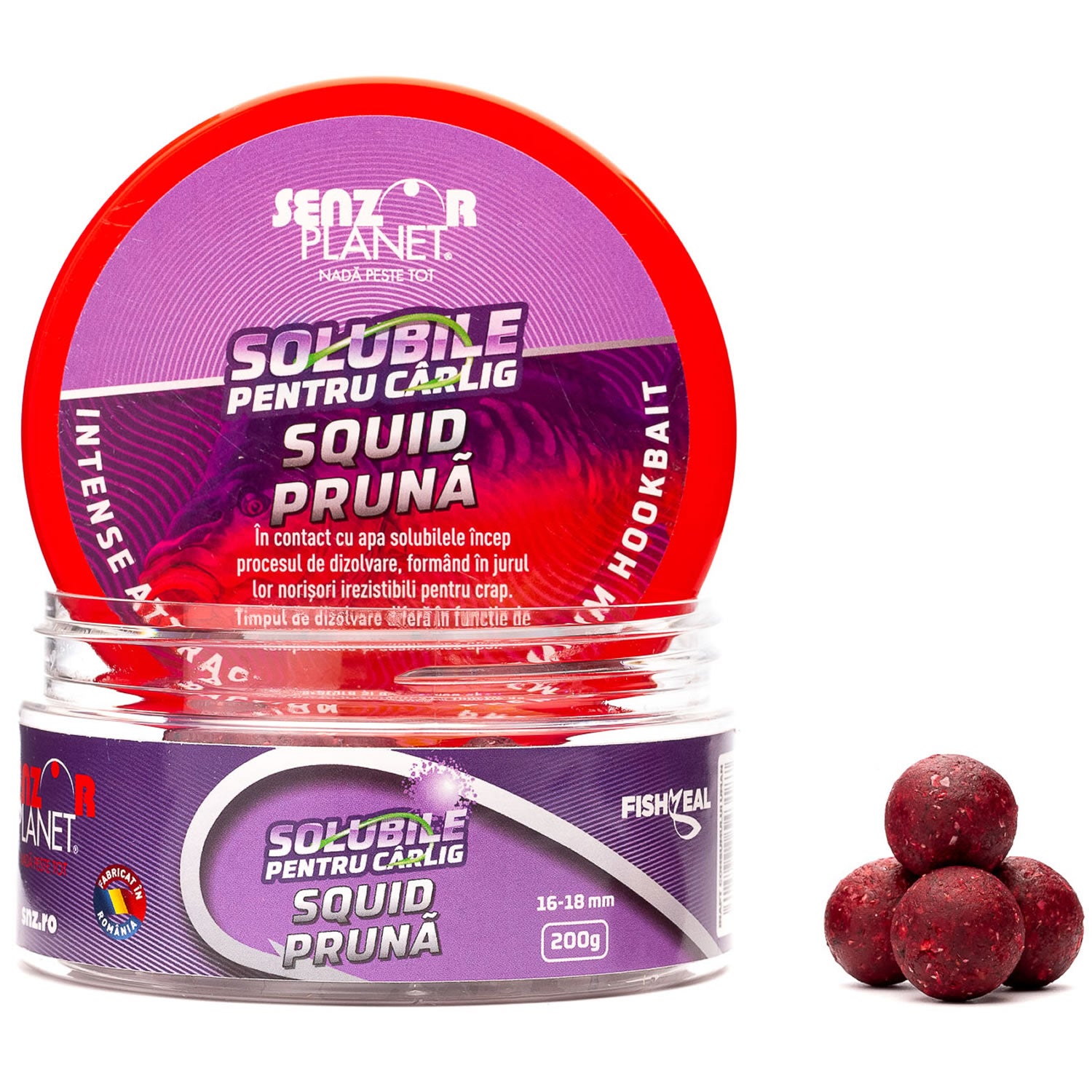 Boilies pentru Carlig Senzor Planet, Solubile, Squid &amp; Pruna, 16-18mm, 200g