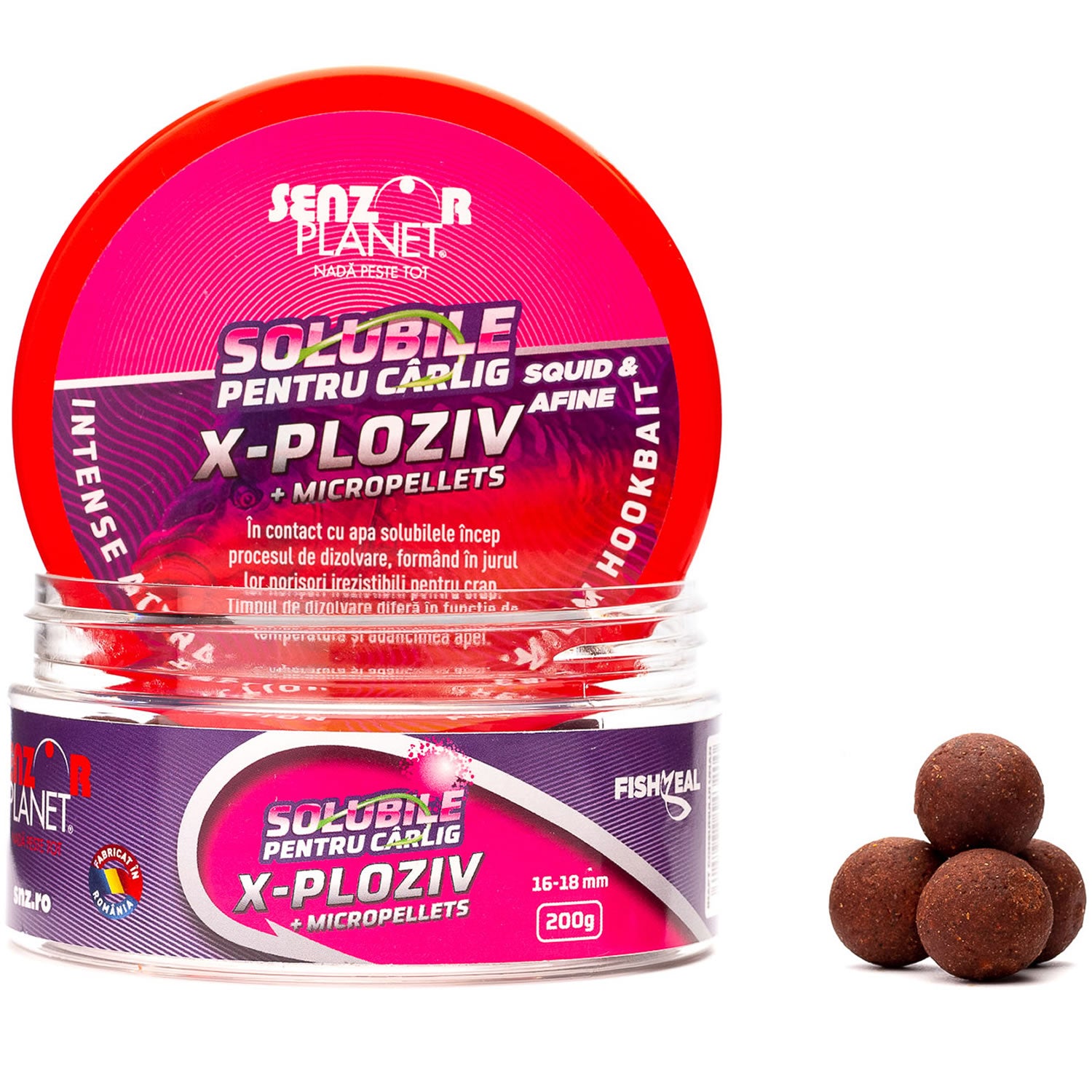 Boilies pentru Carlig Senzor Planet, Solubile, X-Ploziv - Squid &amp; Afine, 16-18mm, 200g