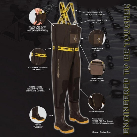 CISME PIEPT WADERS VASS TEX 305-70E BREATHEABLE CARBON BLACK MARIME 43