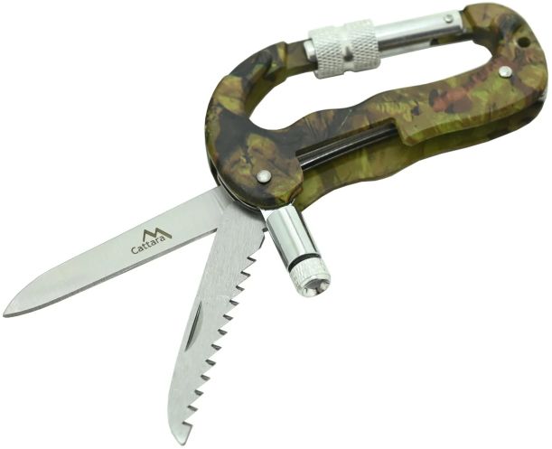 Carabiniera Multifunctionala Din Aluminiu CATTARA 3 In 1, Cutit, Cutit Serat, Lanterna, Camuflaj - TT13218