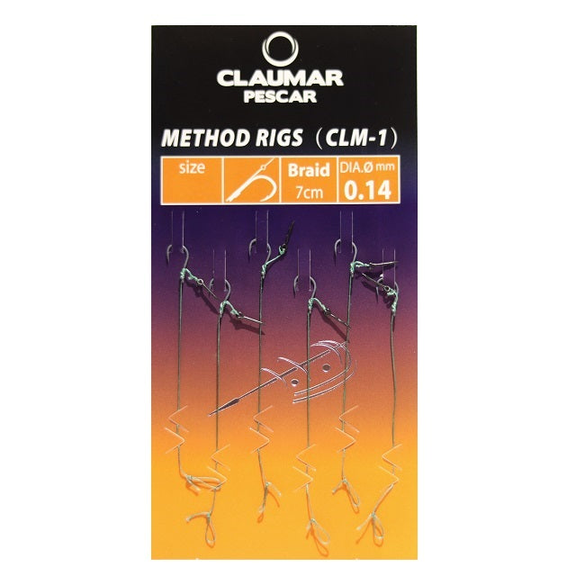 Carlige Legate Feeder cu Spin CLAUMAR Method Rigs, Carlig CLM-1, Nr.12, 7cm, Fir Textil, 0.14mm, 6buc/pac