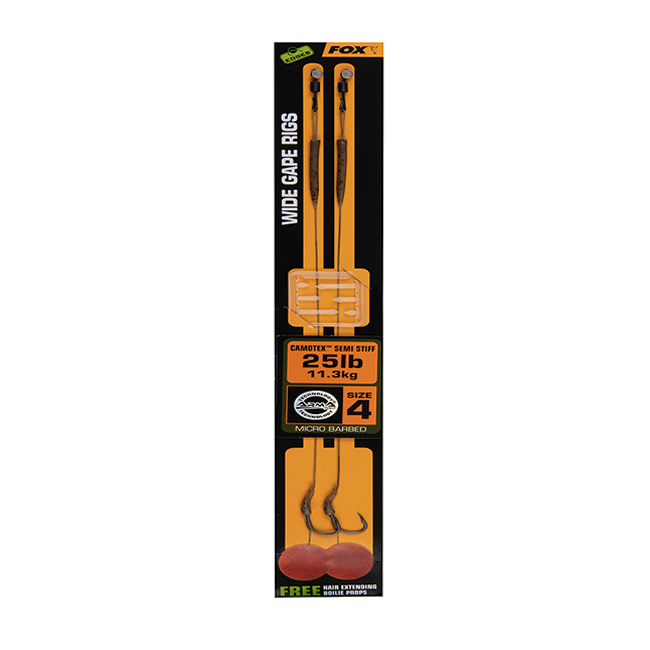 Carlige Legate Fox Edges Wide Gape nr 4 Camotex Semi Stiff Coated braid 25lb 2buc