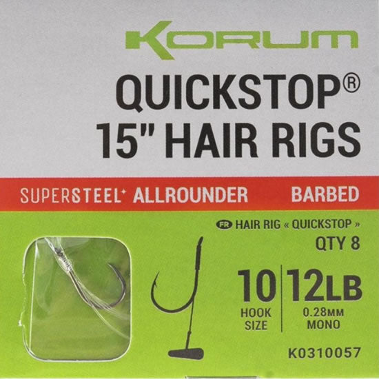 Carlige Legate KORUM Big Fish Hair Rigs with Quickstop 38cm, Nr.12 Barbed, 8buc/pac