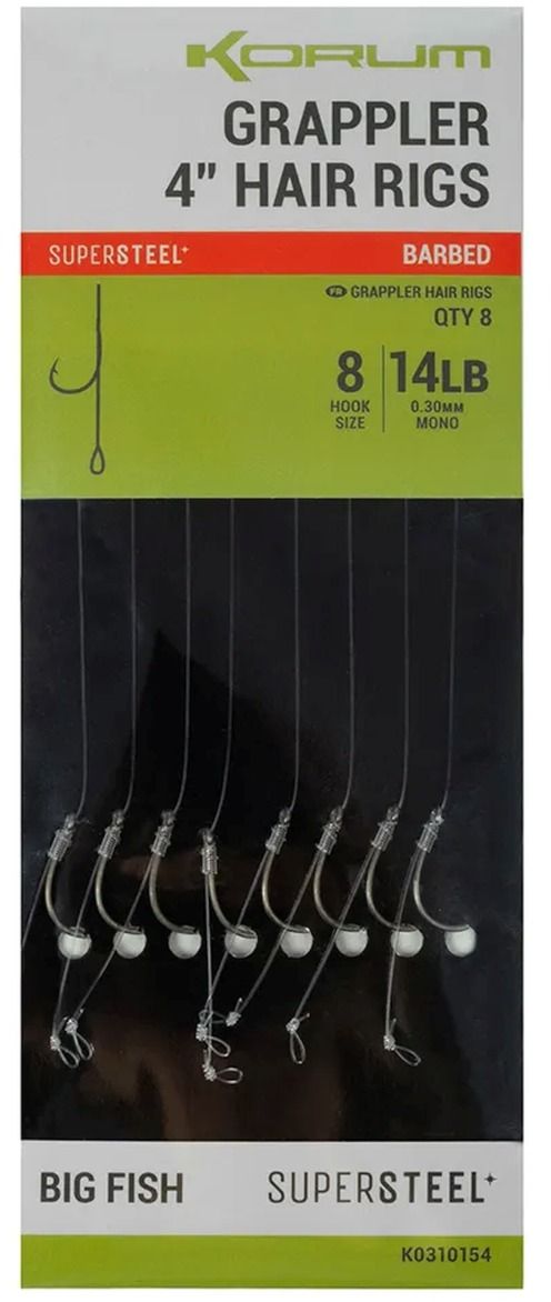 Carlige Legate KORUM Grappler Hair Rigs Barbef, 10cm, Nr.10, 8buc/pac