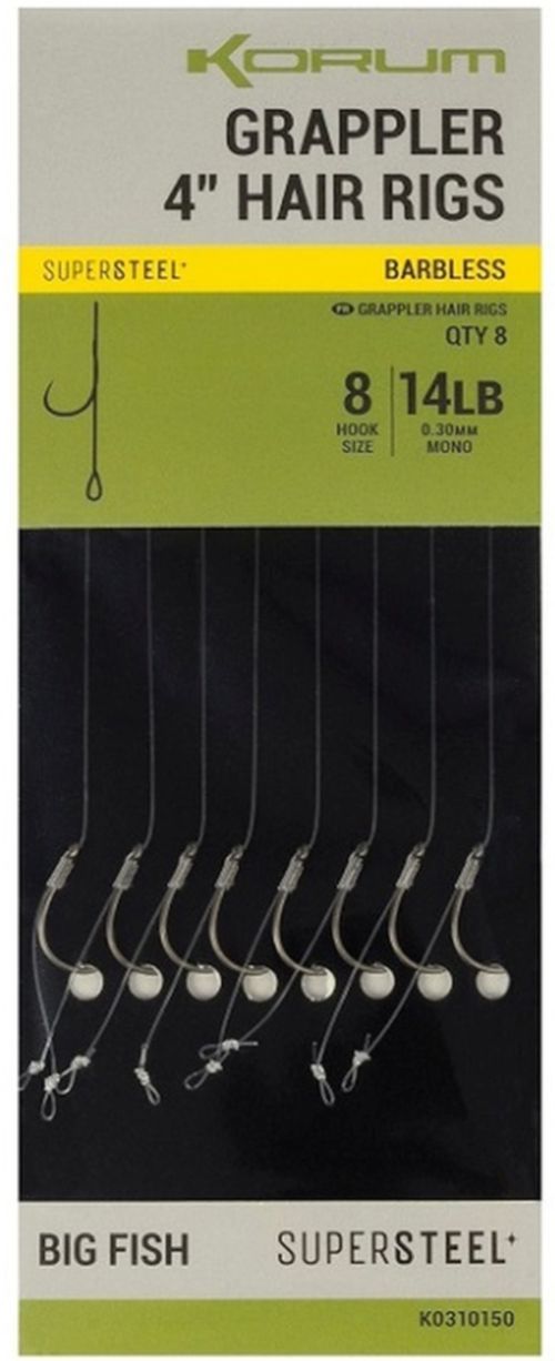 Carlige Legate KORUM Grappler Hair Rigs Barbless, 10cm, Nr.2, 8buc/pac