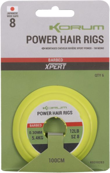 Carlige Legate KORUM Power Hair Rigs Barbed Mono, 100cm, 12lbs, 0.30mm, Nr.10, 6buc/pac