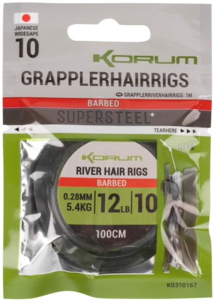 Carlige Legate KORUM River Grappler Hair Rigs M1 Barbed 100cm 5buc/pac