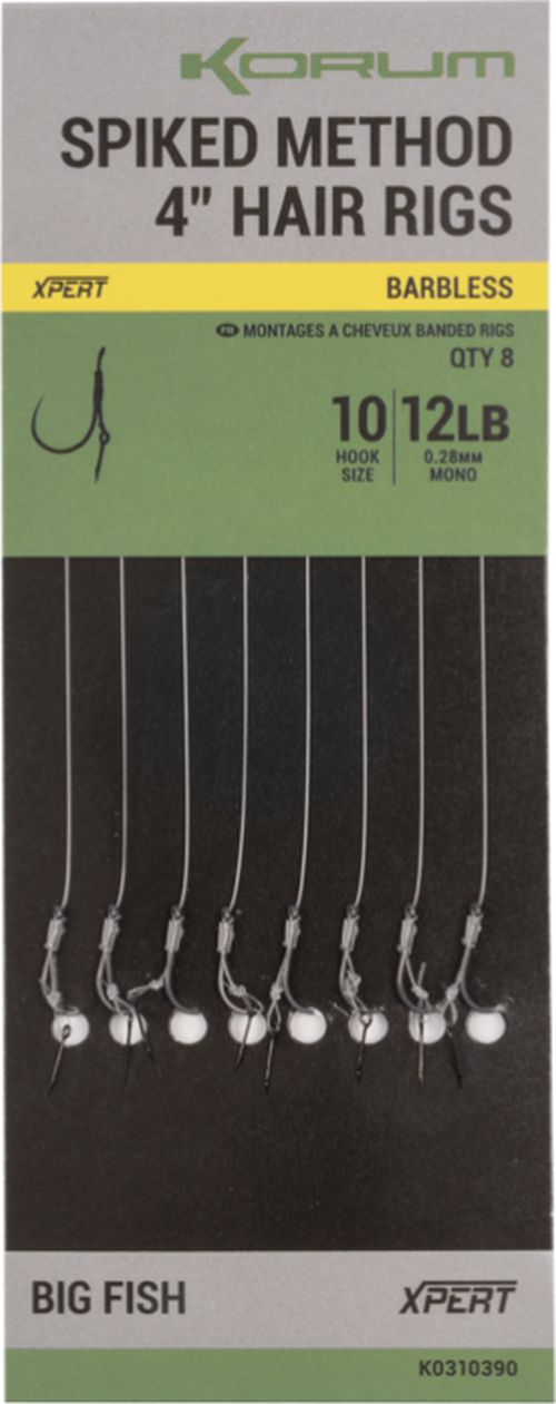 Carlige Legate KORUM Spiked Method Hair Rigs Barbless, 12lbs, Nr.10, 10cm, 8buc/pac