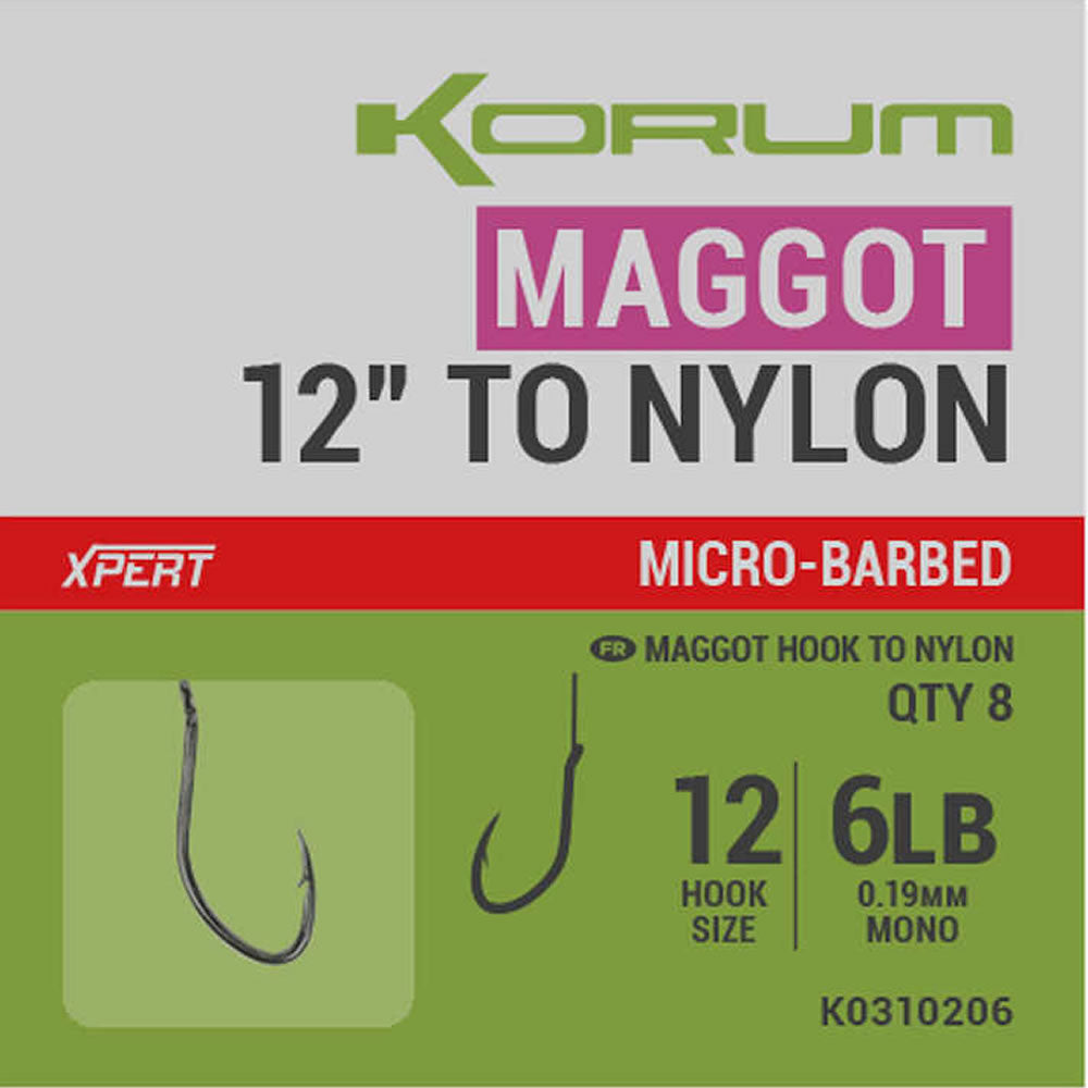 Carlige Legate Korum Xpert Maggot Barbed Hooks to Nylon Nr.16, 30cm, 0.15mm, 4lb, 8buc/pac