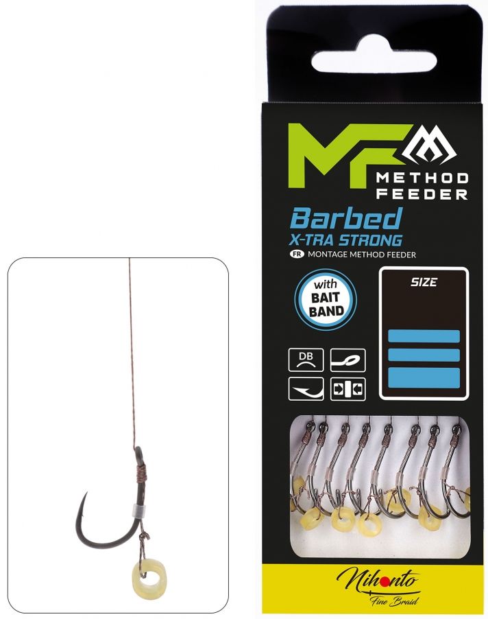 Carlige Legate MIKADO Method Feeder Rig Cu Banda X-Tra Strong 0.12mm 10cm 8buc/pac