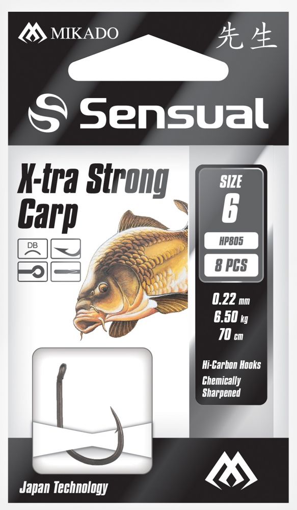 Carlige Legate Mikado X-Tra Strong Carp, 70cm, Nr.6, 0.22mm, 8buc/plic