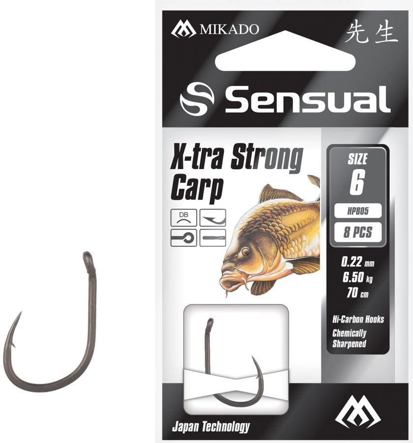 Carlige Legate Mikado X-Tra Strong Carp, 70cm, Nr.8, 0.20mm, 8buc/plic