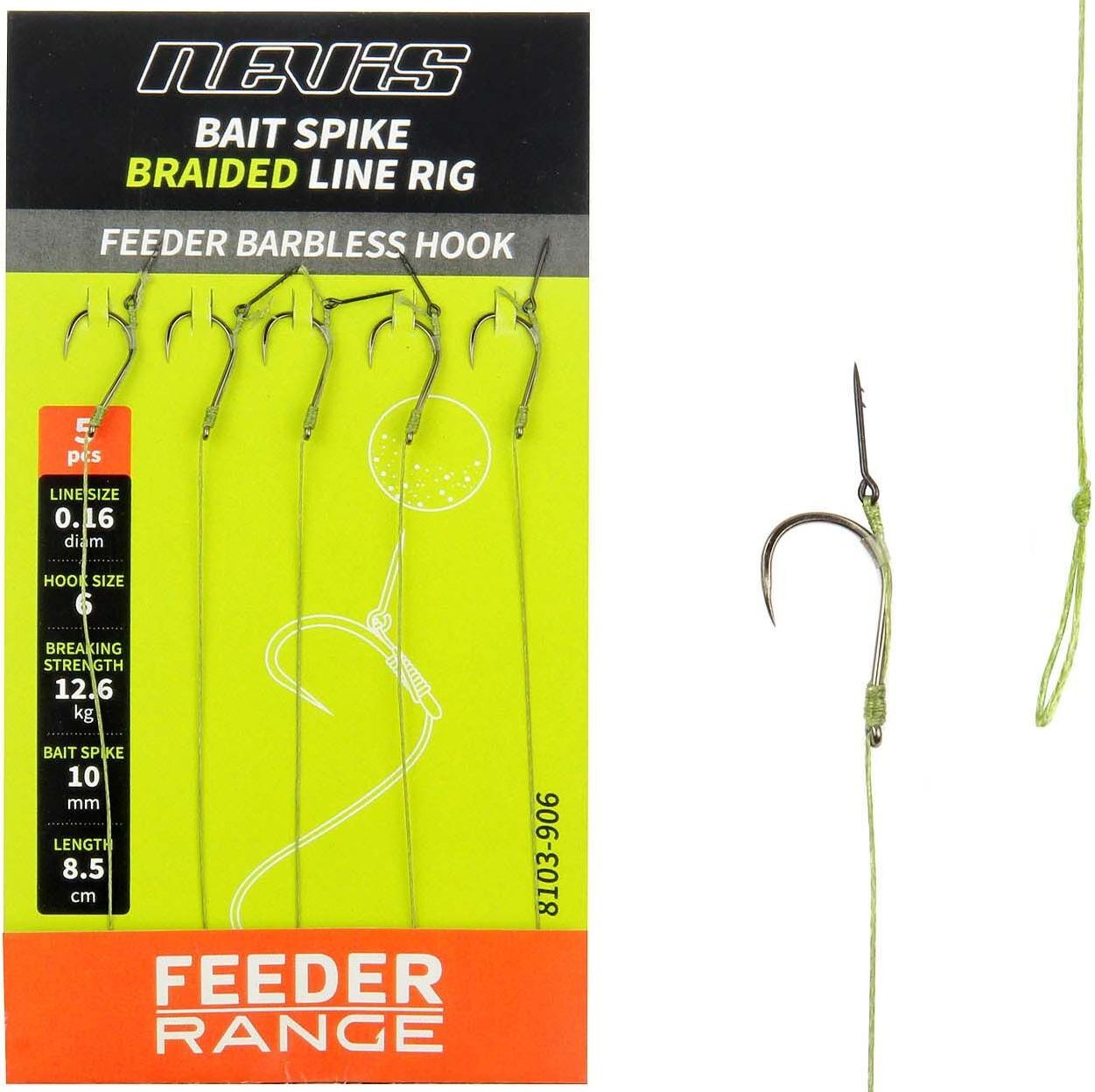Carlige Legate Nevis Feeder Cu Spin Steg Barbless 0.12mm 8.5cm 10buc/pac