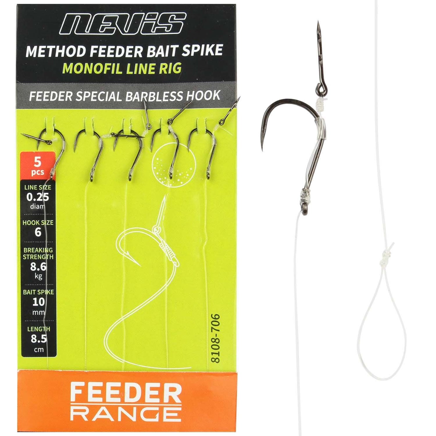 Carlige Legate cu Spin Momeala NEVIS Method Feeder Bait Spike Monofil Line Rig 8.5cm 5buc/pac