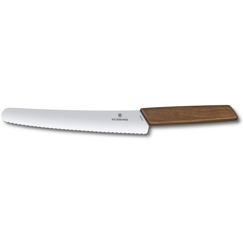 Cutit Bucatarie Victorinox, Swiss Modern pentru Paine , Lama Zimtata 22cm, Lemn Nuc, Cutie Cadou
