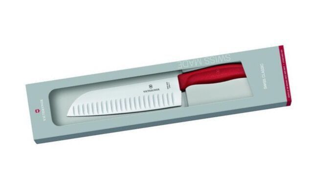 Cutit Bucatarie Victorinox SwissClassic Santoku Knife, Lama Gofrata 17cm, Rosu, Cutie Cadou