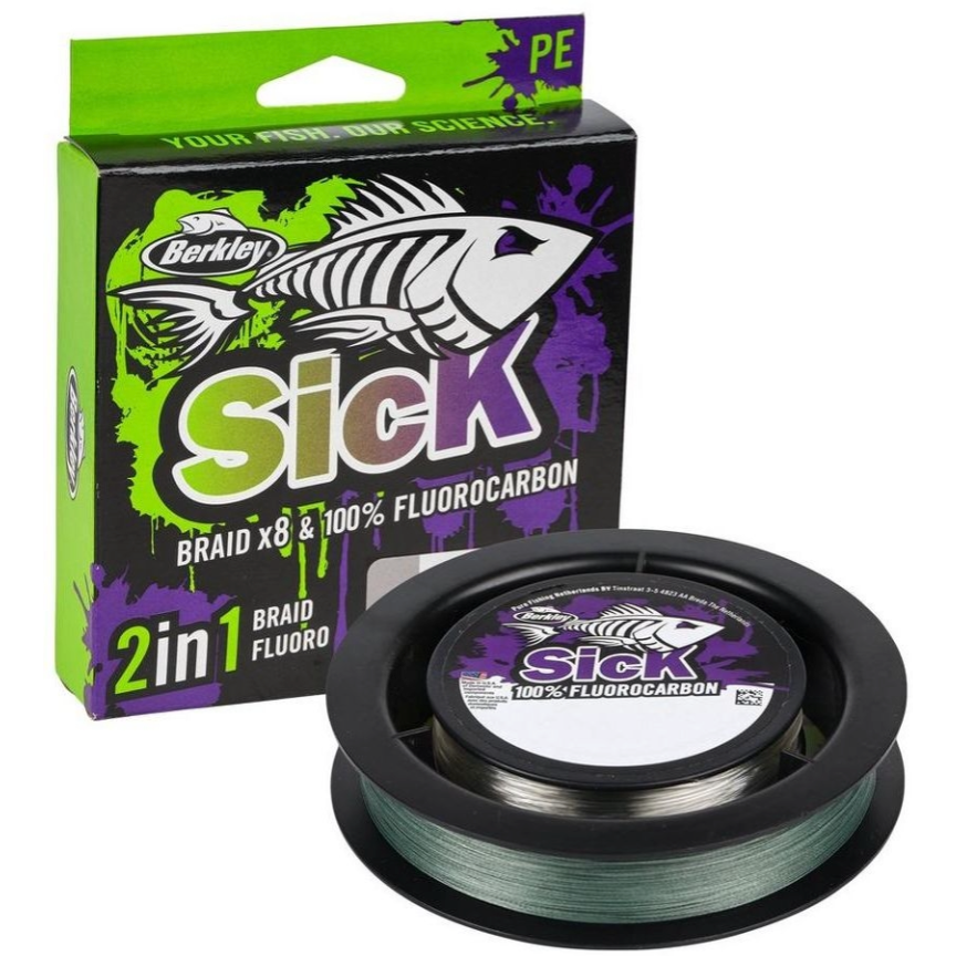 Fir Textil BERKLEY Sick Two in One &amp; Fluorocarbon Duo Spool System, Moss Green-Fluo Clear, 150m - 0.08mm, 50m - 0.25mm