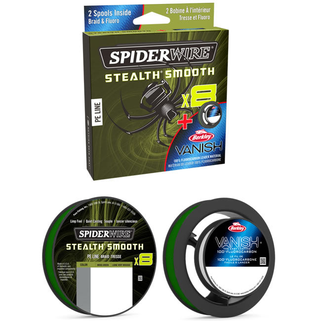 Fir Textil Spiderwire Stealth Smooth Duo Spool SS8 Braid Moss Green, 150m, 0.13mm, 11.2kg + Berkley Vanish Fluoro 40m, 0.35mm, 7kg