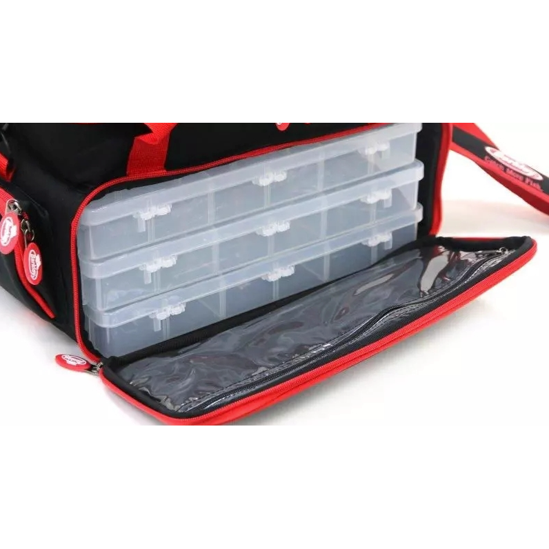 Geanta BERKLEY Powerbait Dough Bag Large Rosu/Negru + 3 Cutii Naluci, 46.5x24x24.5cm
