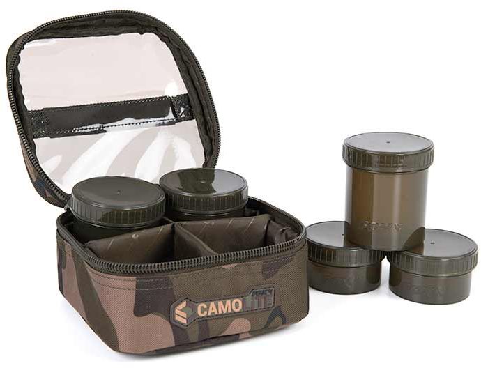 Geanta Fox Camolite 6 Pot Hookbait Case, Camo, 17x16.5x9.5cm