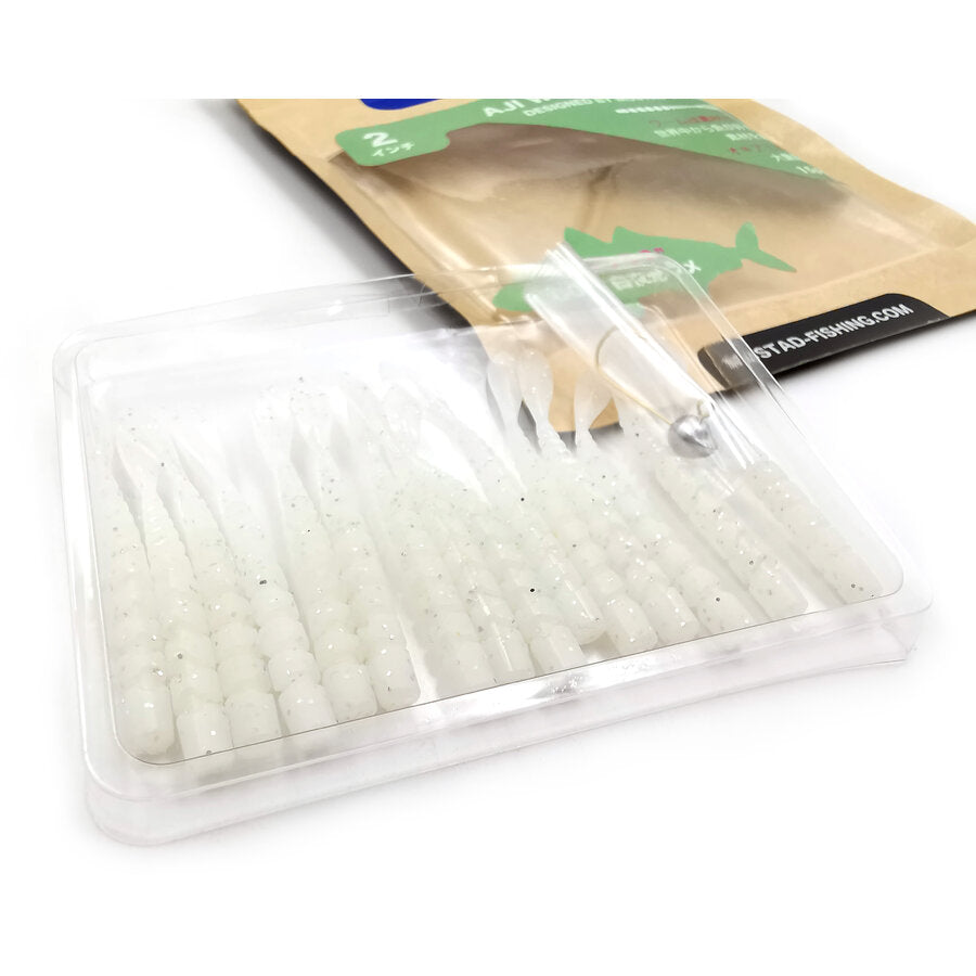Grub Mustad Aji Micro Fla, White Glow Glitter, 5cm, 15buc/pac