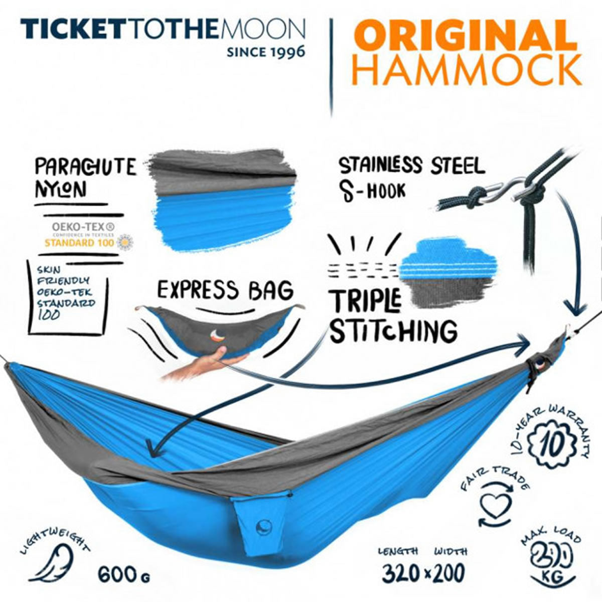 Hamac Ticket to the Moon Original Aqua &amp; Dark Grey, 320x200cm