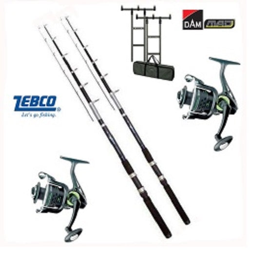 Kit 2 Lansete Zebco Atac Tele Feeder 3.30 m 100 g PLUS 2 Mulinete Zebco Cool X FD 350 PLUS Rod Pod DAM MAD H Bar PLUS Buzzer Bar