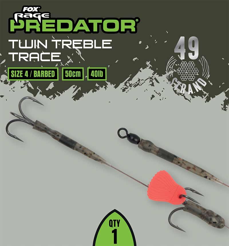 Kit Fox Rage Predator Twin Treble Trace, 52cm, 40lb, Size 8 Barbed, 1buc/pac