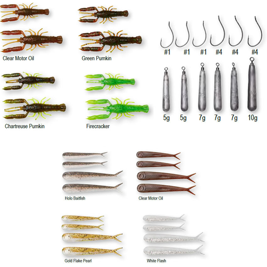 Kit Spinning Creatura + Lest + Carlig + Cutie Savage Gear Dropshot Academy, Mixed Colors, 36buc accesorii/cutie