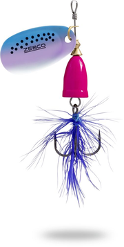 Lingurita Rotativa Zebco Trophy Z-Vibe &amp; Fly No. pink body/silver rainbow/blue fly sinking