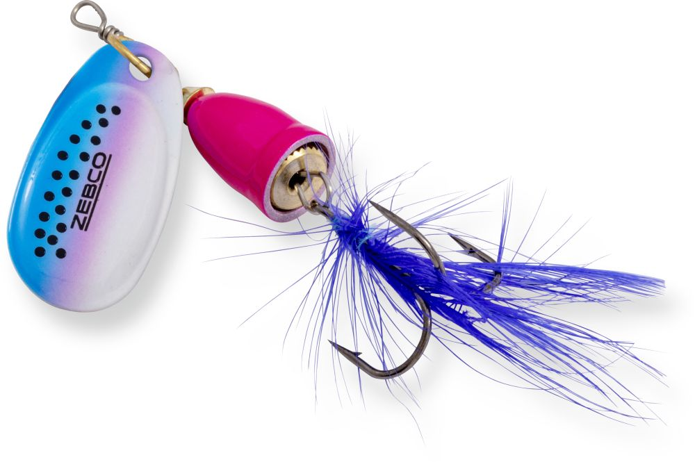 Lingurita Rotativa Zebco Trophy Z-Vibe &amp; Fly No. pink body/silver rainbow/blue fly sinking